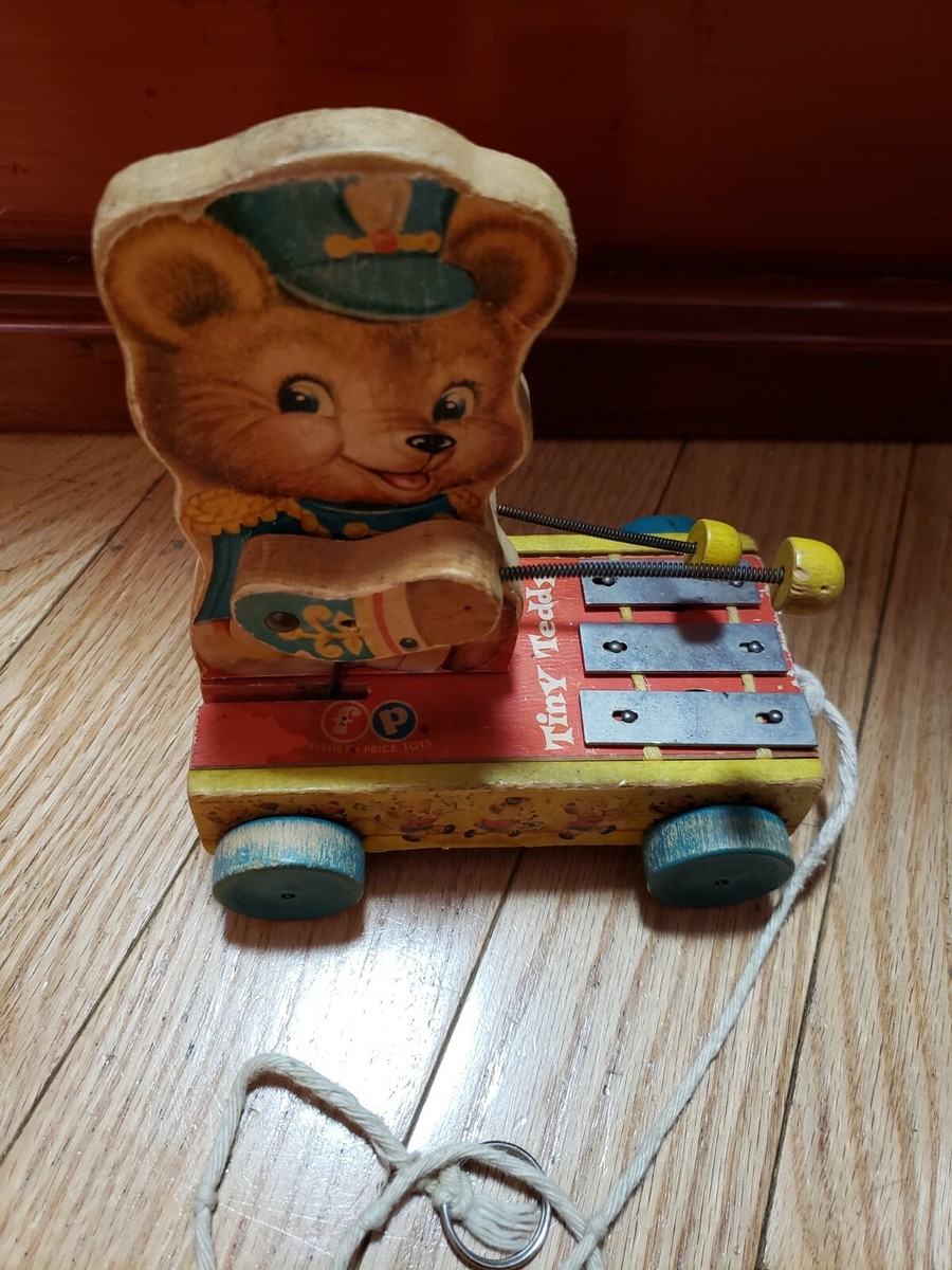 Vintage FISHER PRICE Musical Tiny Teddy Xylophone Wood Pull Toy