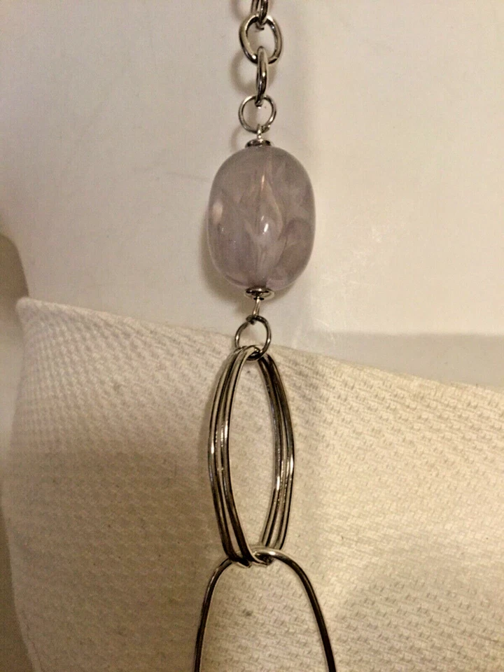 Lilac Purple Stone Beads with Silver Tone Links Long Necklace and Earring Set - Image 4 of 4