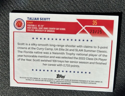 2023 Topps Chrome McDonald’s All American Taliah Scott rifrattore arancione #/25 👀 - Foto 2 di 4