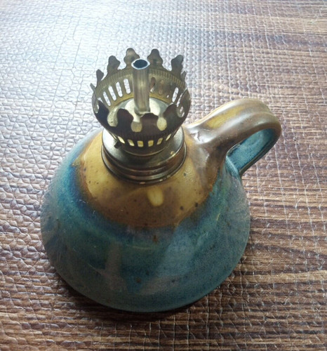 Pottery Oil Lamp Brown Blue Glaze
