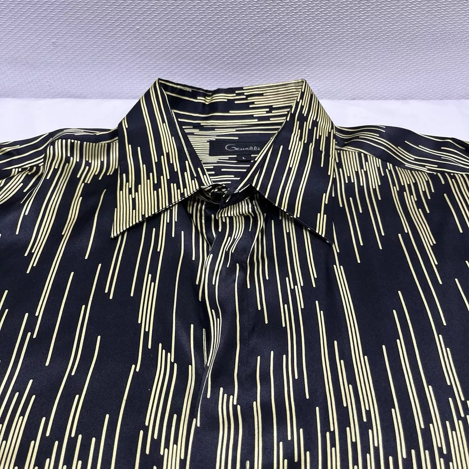 Camisa Genelli Hombre Manga Larga 100% Seda Grande Negro y Dorado Diseño Geométrico Foto 2 de 4