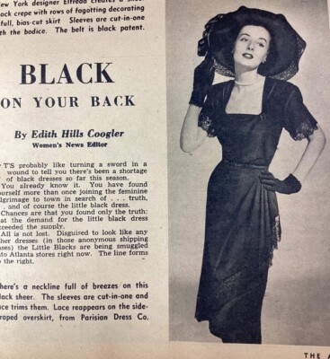 Black Dress Print Ad 1948 Atlanta AJC Elfreda Sadowsky NYC Parisian Cadillac