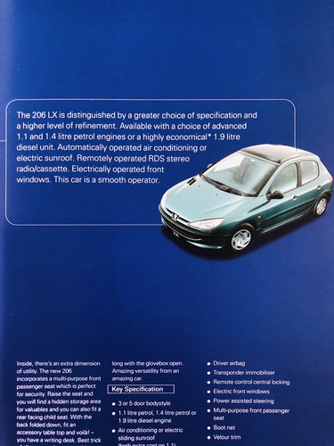 Peugeot 206 Car Brochure 1998 on including Colours Spec & Options Full 48 Page - Picture 5 of 8