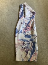 Abito donna ASOS bianco/blu look astratto monospalla bodycon zip laterale taglia 8