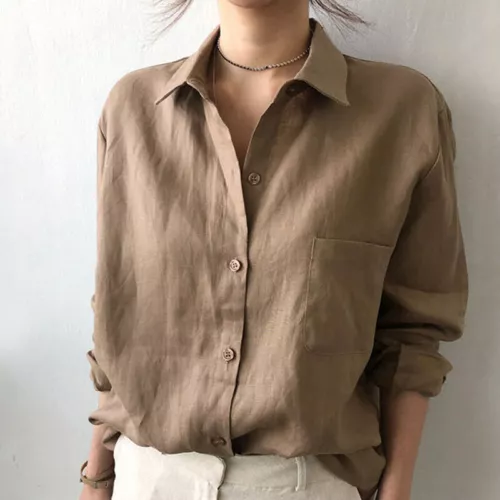 Womens Summer Linen Cotton Button Blouse Tops Lapel Collar Long Sleeve Shirts - Afbeelding 1 van 14