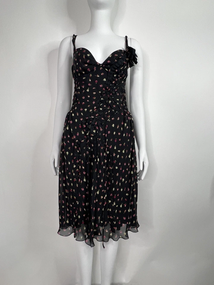 复古 Moschino 廉价别致黑色花卉印花丝绸懒人连衣裙 38 XS — 第 2/4 张图片