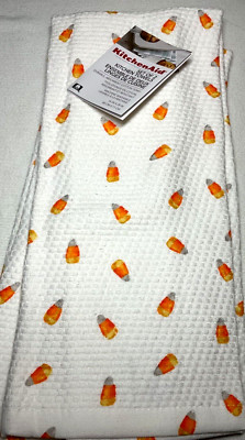 KITCHENAID KITCHEN TOWELS (2) CANDY CORN WHITE ORANGE 100% COTTON  NIP