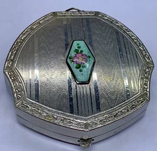 VINTAGE COMPACT MIRROR SILVER TONE BLUE FLOWER GUILLOCHE SIGNED M&K