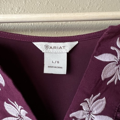 Ariat Poet Top Burgundy Embroidered Chiffon Handkerchief Hem Size L Cowgirl - Picture 8 of 17