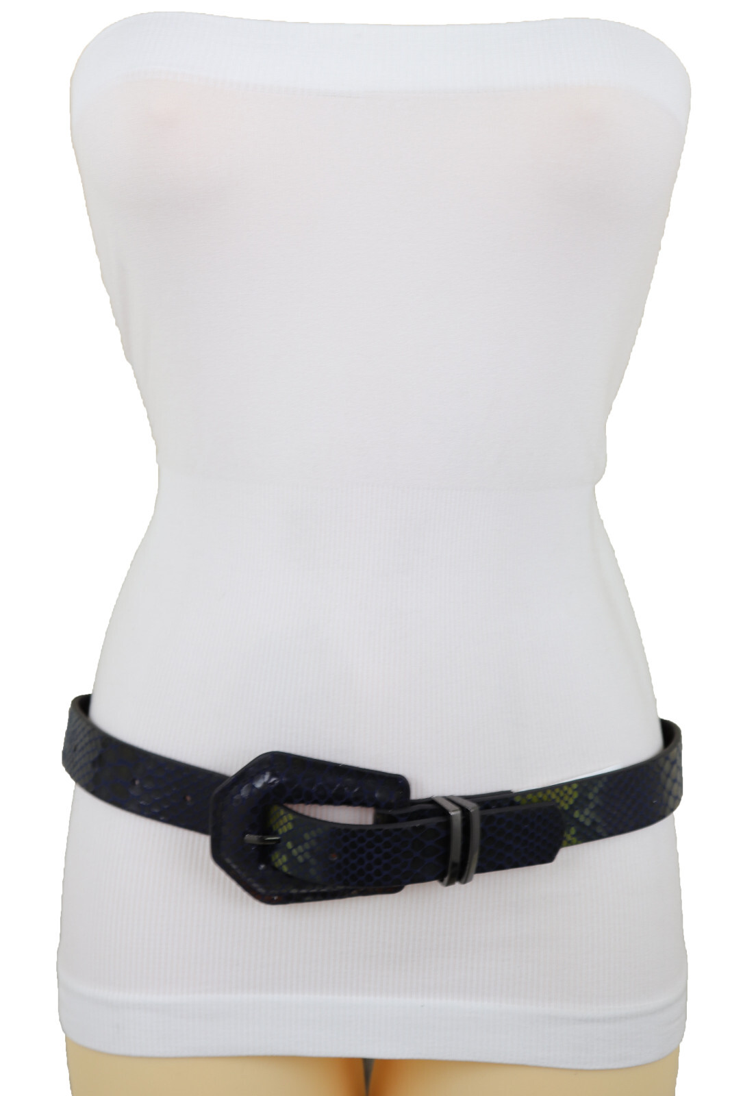 Mujer Negro Azul Marino Imitación Serpiente Correa de Cuero Pantalón Vaquero S M