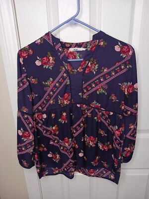 Francesca s Blouse Women S Miami Purple Plum Shabby Chic Floral Babydoll Chiffon