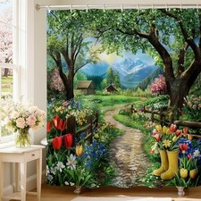 Spring Shower Curtain for Bathroom - Nature Forest Cottage 71x71inch Green