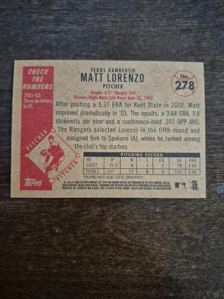 2003 Bowman Heritage Matt Lorenzo Texas Rangers Foil - Image 2 of 2