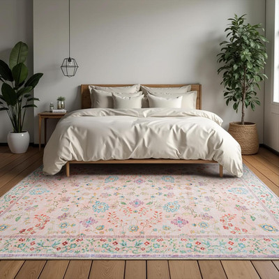 Pink 4x6 Washable Faux Wool Area Rug, Non-Slip Vintage Boho Carpet