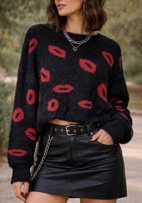 Red Lips Kiss Print Fuzzy Furry Long Sleeve Top Vintage Style Grunge Y2K Retro L