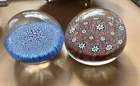 2 Vintage Murano Millefiori Blue/White/Red Flower Art Glass Paperweights 3”