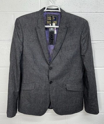 NEW Superdry Limited Blazer Classic Slim Grey Wool Plaid Check Sport Coat / 2XL