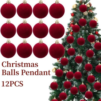 12Pcs FLOCKING BALLS XMAS DECORS CHRISTMAS TREE BALLS HANGING VELVET PENDANT UK