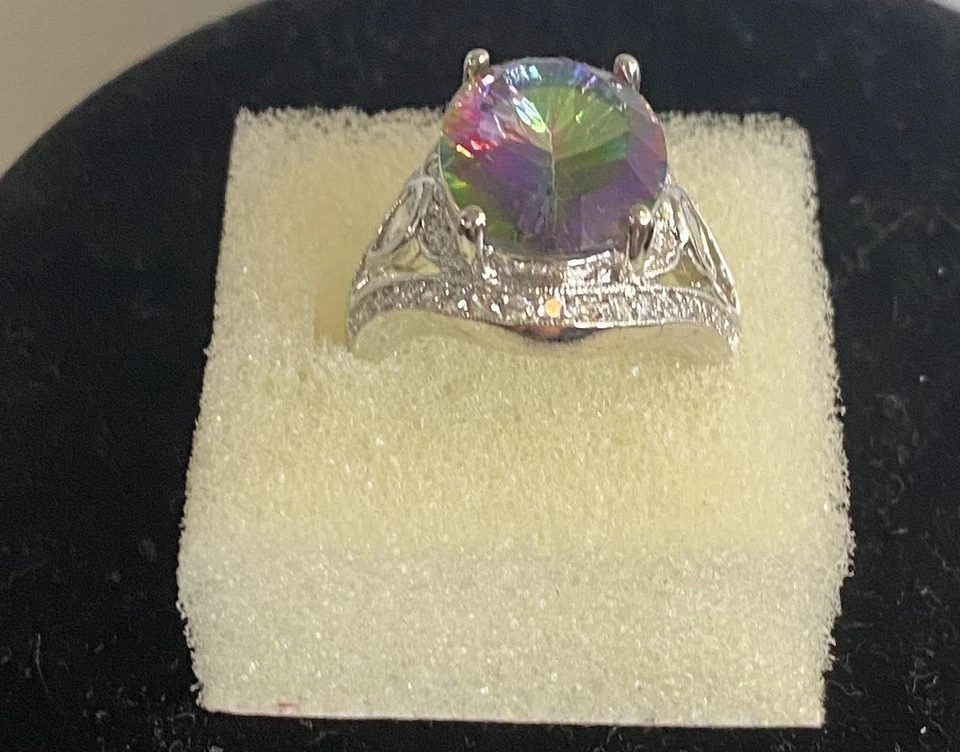 Sparkle925 纯银 9 彩虹神秘火黄玉戒指 粗巧声明 — 第 4/4 张图片