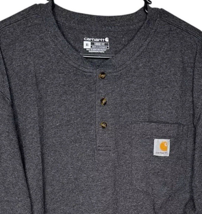 Carhartt Mens XL Loose Fit Grey Pocket Henley Tee Short Sleeve