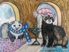 FERRET Drinking a Martini Folk Art Print 8.5 x 11 Signed by Artist KSams