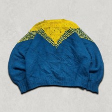 Vintage Jumper Mens Large Hand Knit Nordic Wool Crew Neck Sweater, Blue Yellow