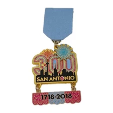 1718-2018 Fiesta San Antonio 300 Medal Ribbon Pinback Spinning Fireworks Skyline