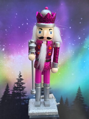 New  Glittered 6.85'' Wood Nutcracker Figure Christmas Magenta Pink  Figurine