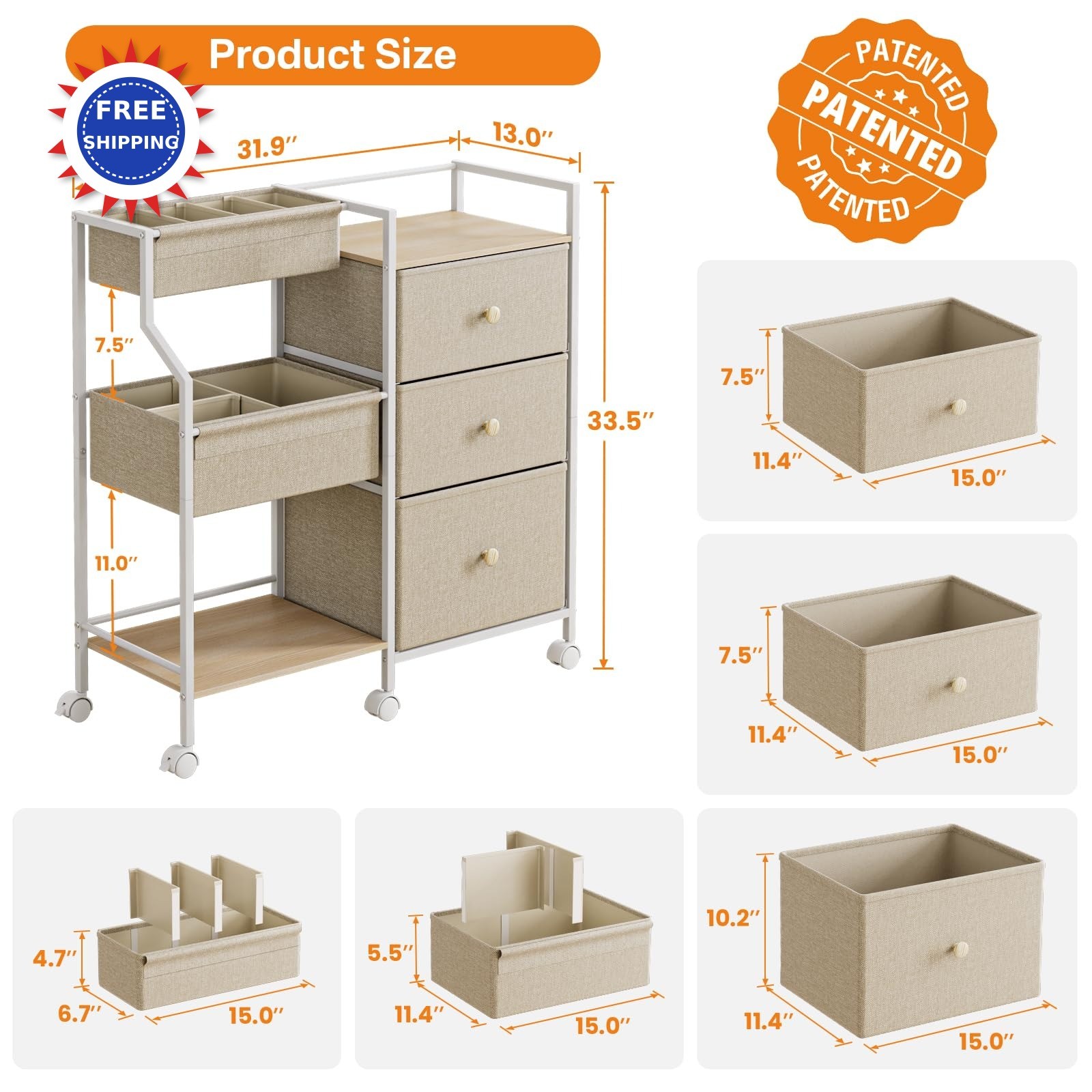 3 Tier Rolling Cart with Dividers and Drawers Modanais Baby Organizer Storage thumbnail 2