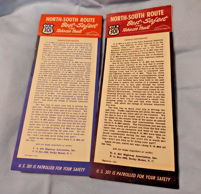 Vintage Map Brochure US 301, North South Route The Tobacco Trail, Used 2 Pieces