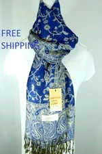 Pashmina Scarf Shawl Wrap-Paisley Beige Royal-Blue Silk Cashmere Soft*011