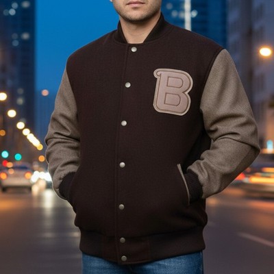 Hotline Miami Men Wool Varsity Brown Payday 2 Letterman B Logo Bomber Jacket