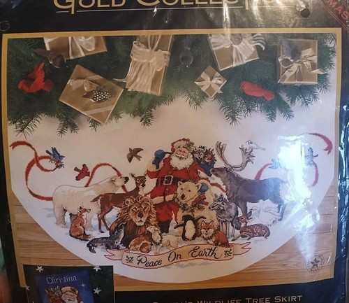 DIMENSIONS Gold Collection SANTA'S WILDLIFE Tree Skirt Kit #8565 NEW - Picture 2 of 4