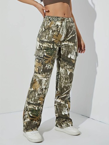 Women's Camo Cargo Pants High Waist Baggy Wide Leg Camouflage Army Fatigue Sl... - Picture 2 of 7