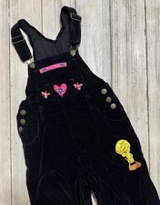 90s Vintage 1997 Looney Tunes Tweety Black Velvet Overalls Girls Size 7 Warner