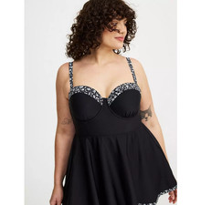 Torrid Bethanny Ditsy Deep Black Underwire Peplum Swim Dress Plus Size: 2X DD/F