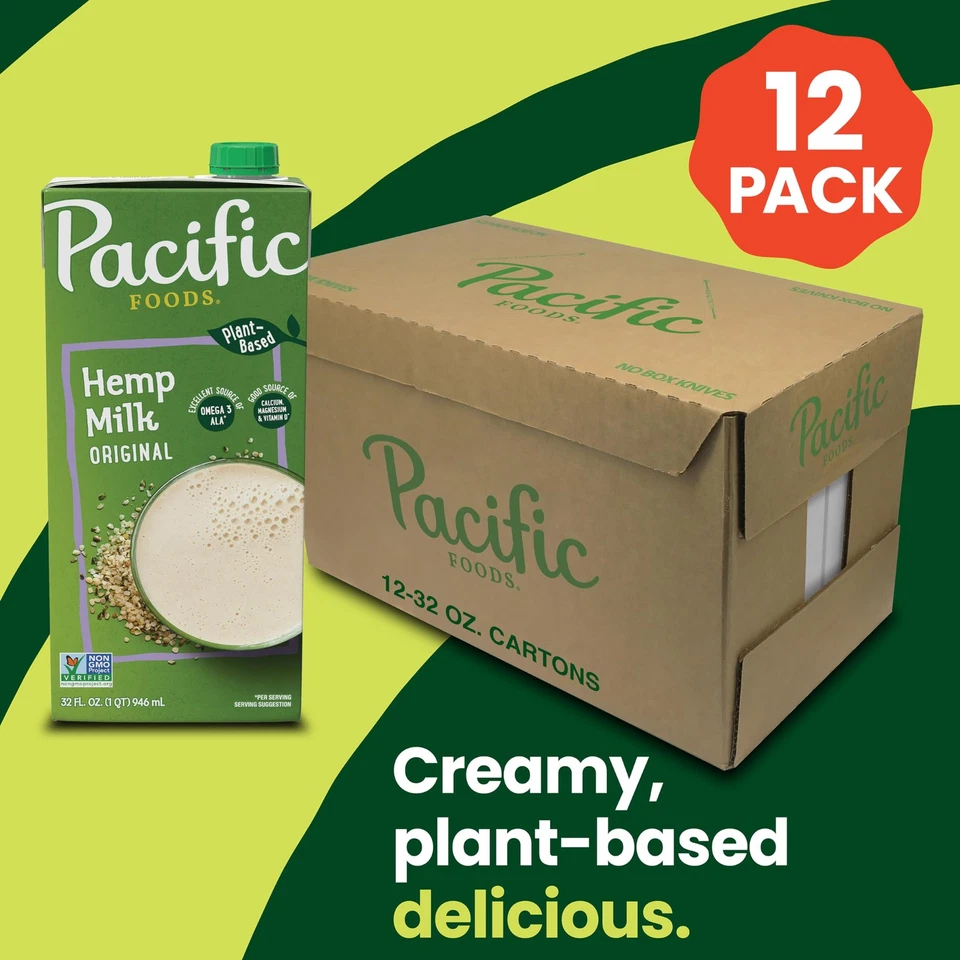 Pacific Foods Original Hemp Milk 32 oz Pack of 12 Plant Based Vegan Dairy Free - Image 2 of 4