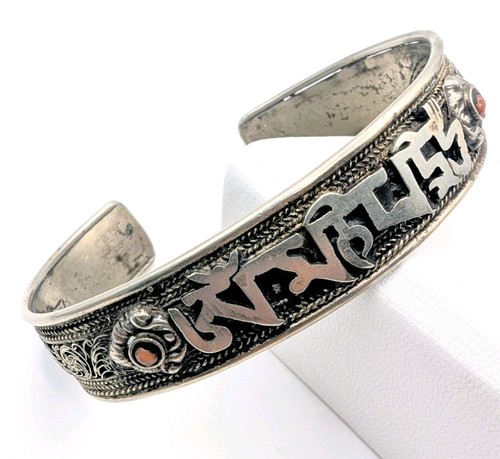Tibetan "Om Mani Padme Hum" Silver Cuff Bracelet Nepal 27g Adjustable 