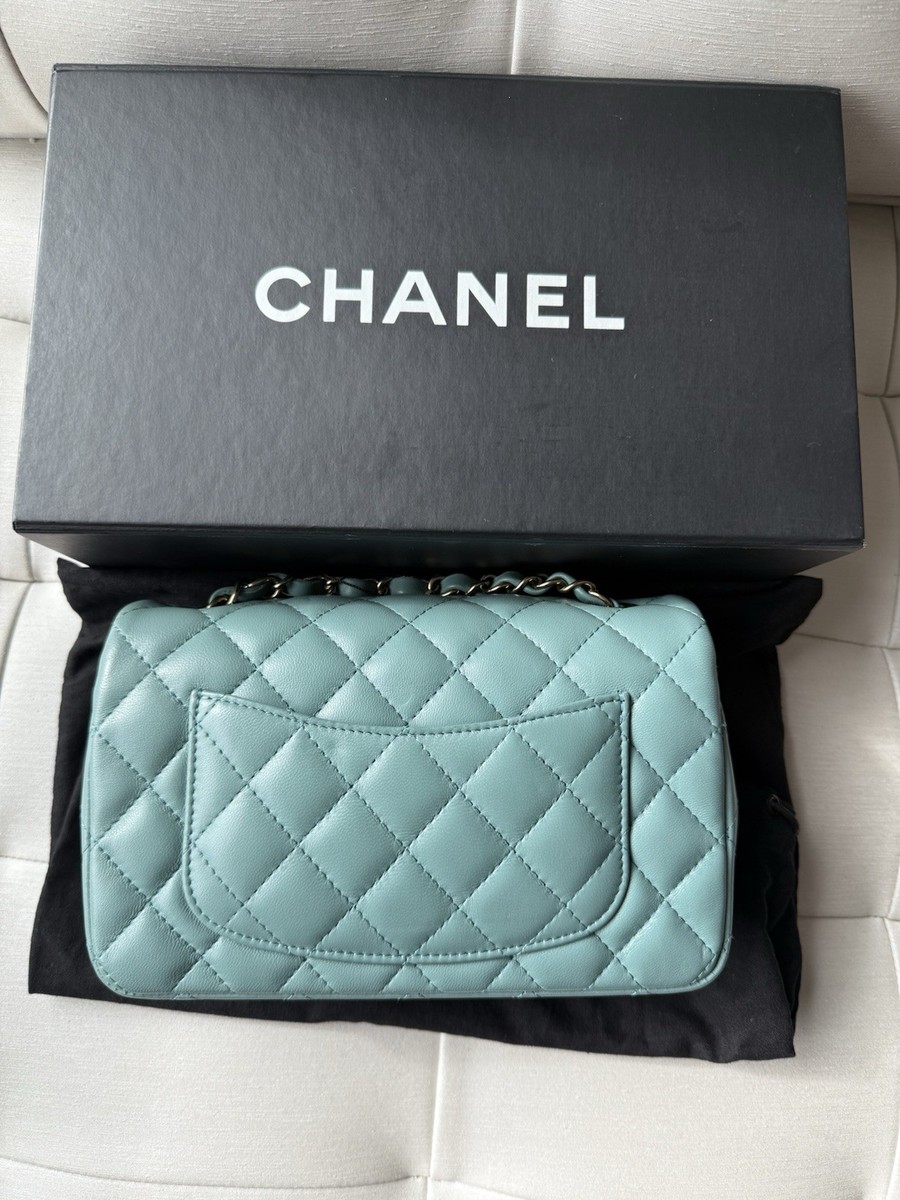 NIB 22P Chanel Mini Classic Bag Green Blue Lambskin Leather Light