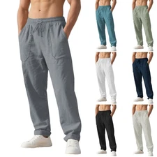 Men's Linen Pants Casual Beach Summer Pants Drawstring Lightweight Yoga Trousers