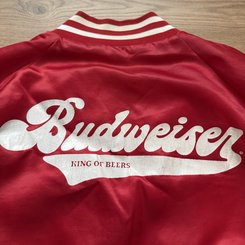 Vintage 70er 80er Budweiser King Of Beers Logo Satin Bomberjacke Erwachsene XL rot USA - Bild 3 von 12