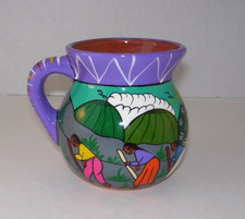 Taza Arte Popular Mexicano MCX Isidoro Pintada a Mano Artista Firmada México Arcilla Roja HP
