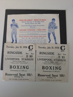 Two Livepool Stadium Boxing Tickets 1938 & Howard Winston Card Flyer 1964