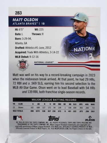 2024 Topps Pristine Matt Olson All-Star Game Purple Refractor 75/99 - Braves - Picture 2 of 2