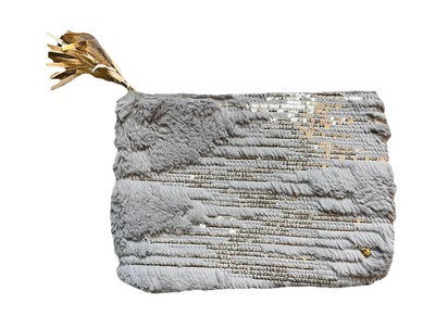 Stephanie Johnson Cosmetic Bag- Geneva Silver Gray Sequin Faux Fur