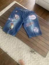 NBA UNK Vintage Embroidered Logos Denim Shorts Men Sz 42 Streetwear Y2K Baggy