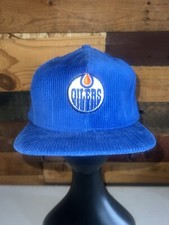 Vintage 80s Edmonton Oilers NHL Hockey Blue Corduroy Snapback Hat AJD tags