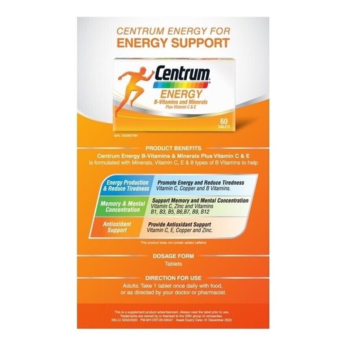 New Centrum Energy B-Vitamins and Minerals+Vitamin C & E 60s ( 5 BOX ) - Picture 3 of 9
