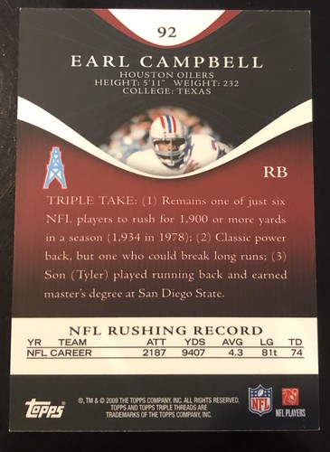 Triple Threads #92 Earl Campbell SP 2009 #d 268/799! - Imagen 2 de 2
