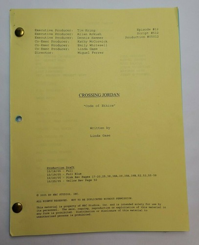 CROSSING JORDAN / Linda Gase 2005 TV Script, Steve Valentine "Code of Ethics" - Picture 2 of 12
